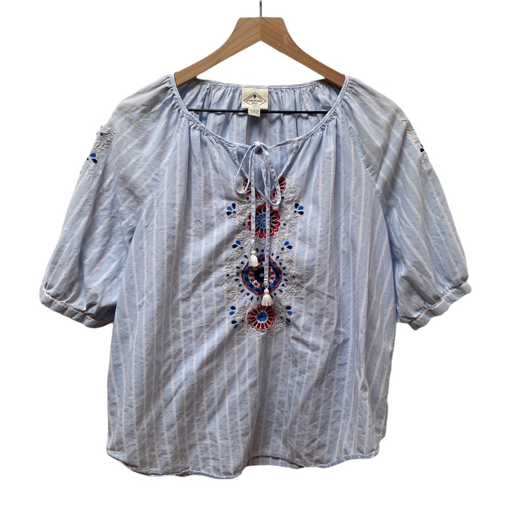 St. John’s Bay Blue Striped Floral Embroidered 100% Cotton Blouse Women’s Size M